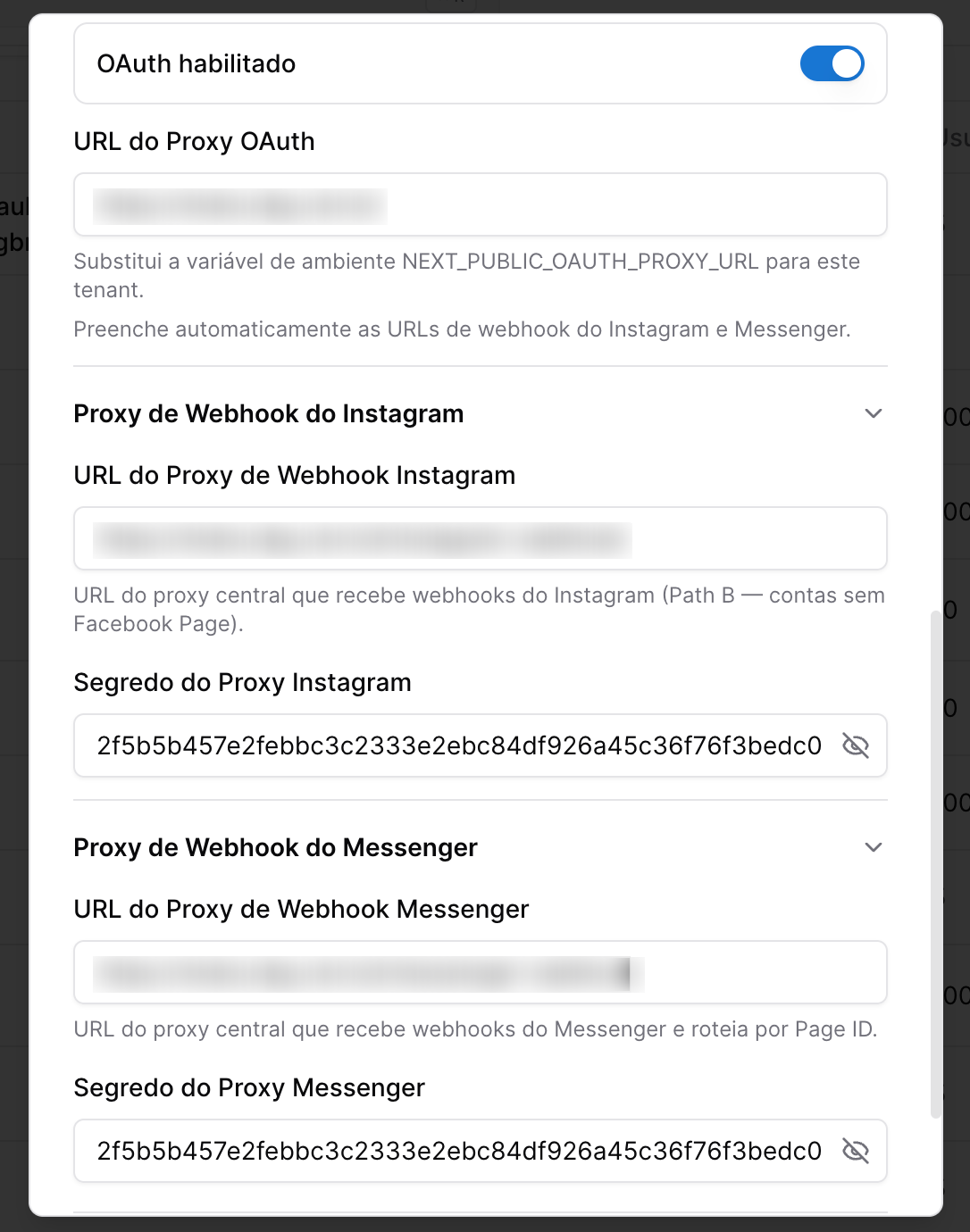 ZapGiga - tela de configuração do Tenant - oauth instagram e facebook messenger