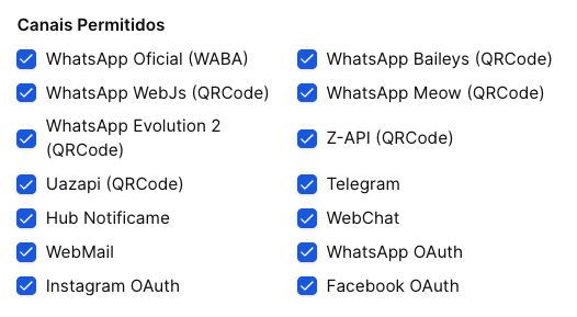 ZapGiga - tela de configuração do Tenant - canais liberados